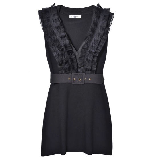 Sandro - V Neck Black Mini Dress w/Detachable Belt - Size US W 0/2 (Sandro 1) - Picture 1 of 11